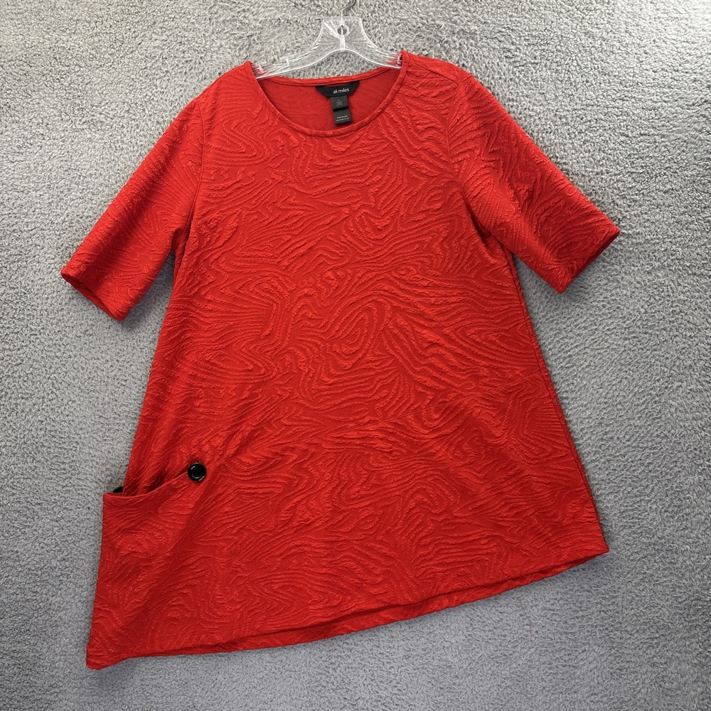 Ali Miles Asymmetrical Tunic Top Red Textured Lagenlook Boho Artsy Women's Large